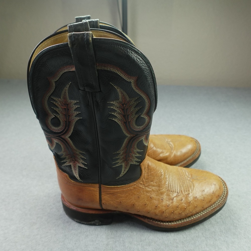 Tony Lama Boots Mens 10.5 D Tan Black Western Ostrich Cowboy 04084 USA Made